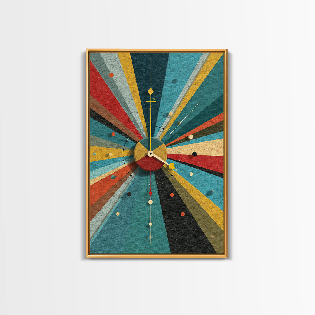 Textured Atomic Clock Sunburst Framed Canvas Print, Midcentury Modern Wall Art, Geometric MCM Poster For Living Room Decor