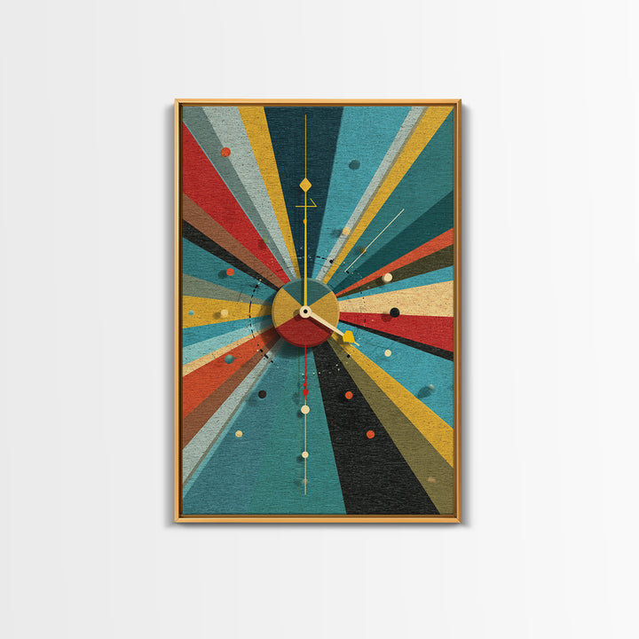 Textured Atomic Clock Sunburst Framed Canvas Print, Midcentury Modern Wall Art, Geometric MCM Poster For Living Room Decor