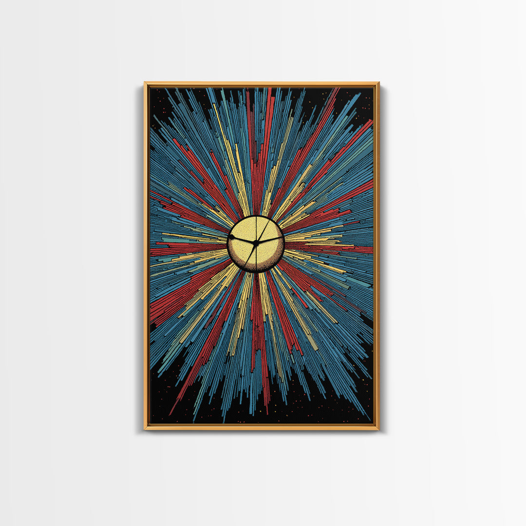 Bold Halftone Sunburst Clock Canvas Print, Retro Midcentury Wall Art, Atomic Space Poster, Colorful Modern Home Decor Gift