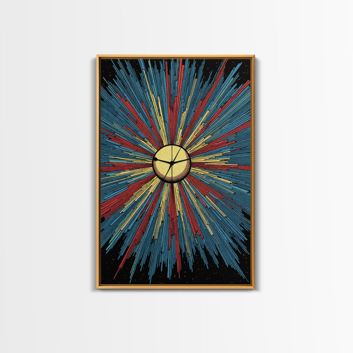 Bold Halftone Sunburst Clock Canvas Print, Retro Midcentury Wall Art, Atomic Space Poster, Colorful Modern Home Decor Gift