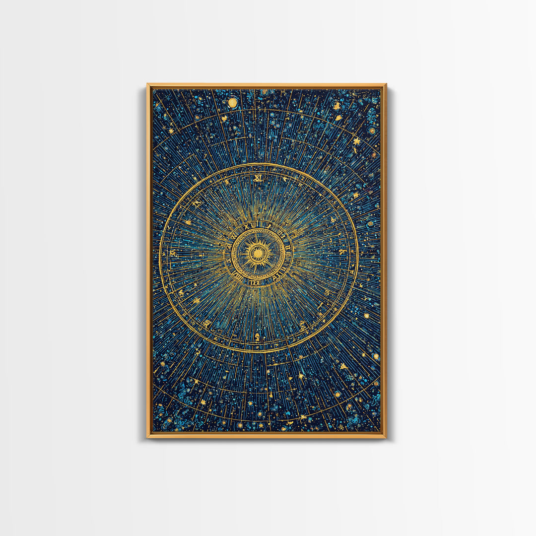 Gold Zodiac Star Chart Wall Art, Celestial Astronomy Poster, Cosmic Midcentury Modern Art Print, Navy Blue Home Decor Gift