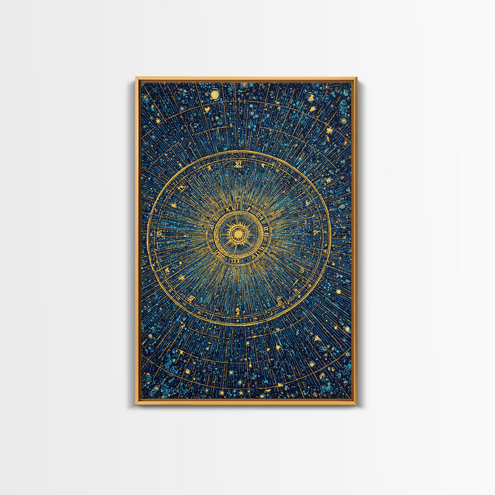 Gold Zodiac Star Chart Wall Art, Celestial Astronomy Poster, Cosmic Midcentury Modern Art Print, Navy Blue Home Decor Gift
