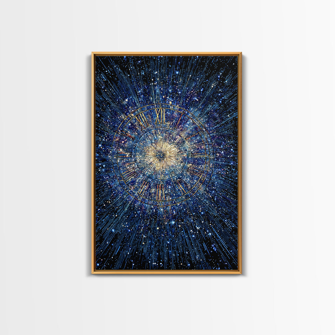 Blue Galaxy Roman Numeral Clock Canvas Print, Celestial Space Wall Art, Cosmic Starburst Poster, Modern Home Office Decor
