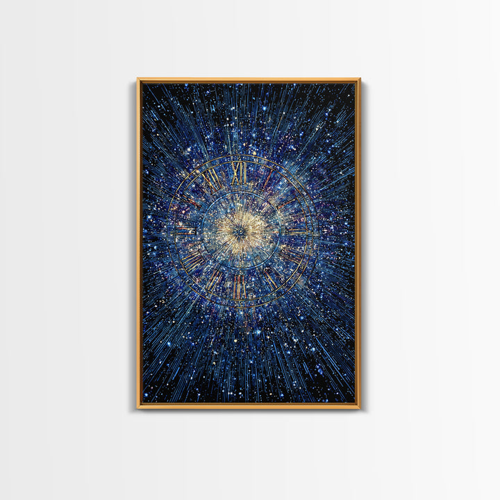 Blue Galaxy Roman Numeral Clock Canvas Print, Celestial Space Wall Art, Cosmic Starburst Poster, Modern Home Office Decor