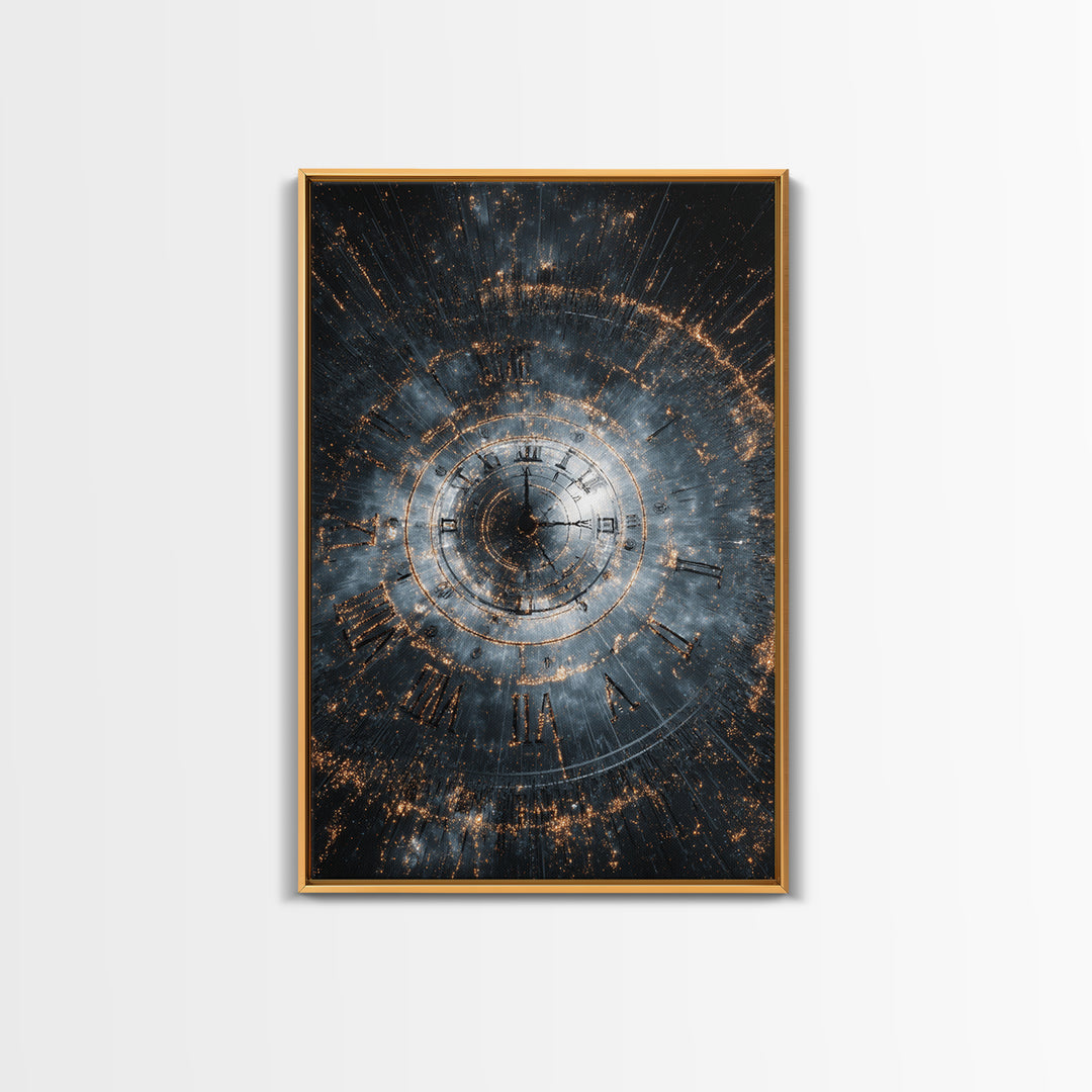 Smoky Spiral Time Clock Wall Art, Roman Numeral Galaxy Poster, Cosmic Framed Canvas Print, Dark Modern Office Decor Gift