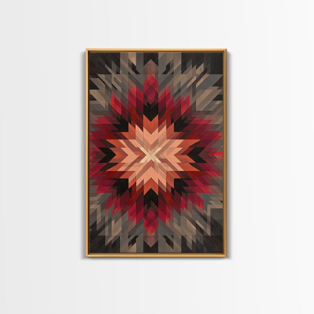 Red Gray Southwestern Starburst, Framed Canvas Print, Geometric Wall Art, Bold Abstract Decor, Rustic Modern Living Room Poster