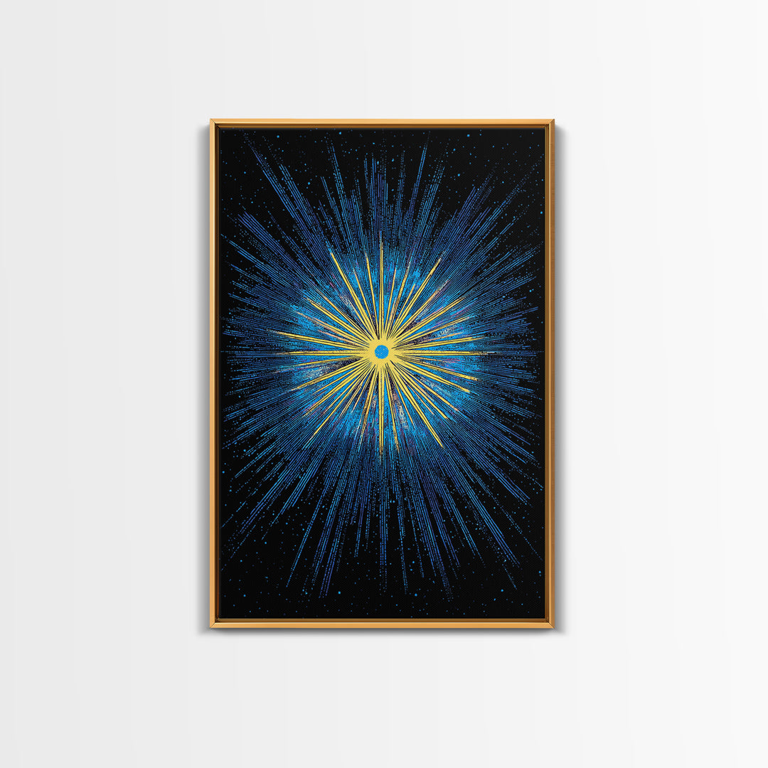 Blue Yellow Cosmic Starburst Wall Art, Space Abstract Art, Modern Digital Art, Retro Sci Fi Poster, Kids Room Decor, Large Print