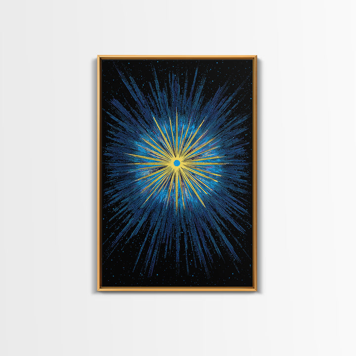 Blue Yellow Cosmic Starburst Wall Art, Space Abstract Art, Modern Digital Art, Retro Sci Fi Poster, Kids Room Decor, Large Print