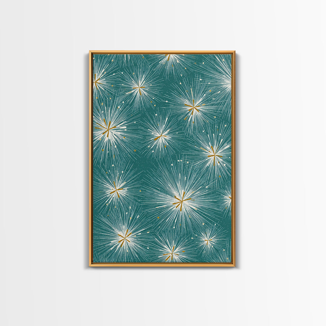Teal Atomic Starburst Pattern Wall Art, Midcentury Modern Art Print, Retro Wall Decor, Gold White Abstract Home Decor Print