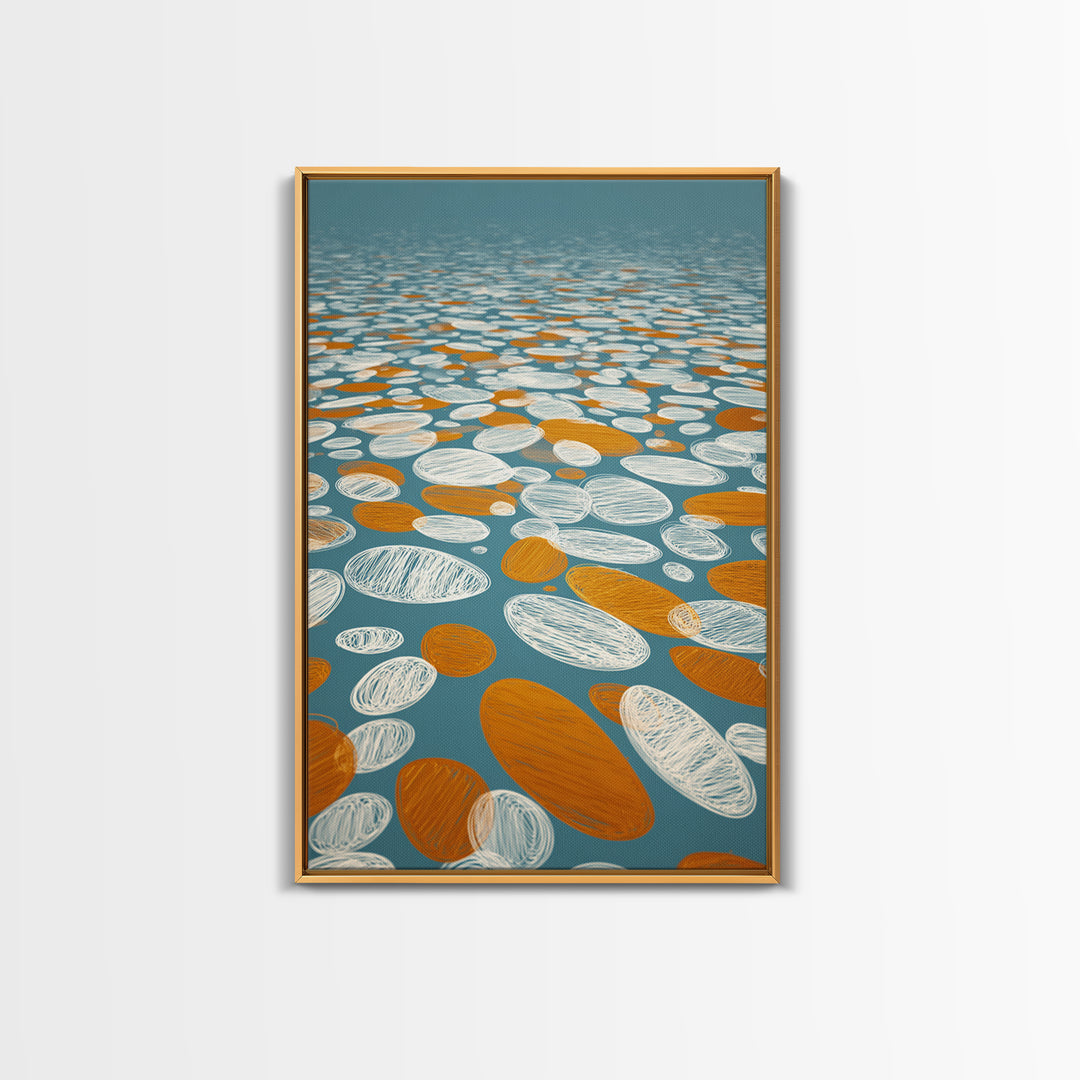 Orange White Floating Pebble Wall Art, Modern Abstract Art Print, Retro Geometric Decor, Blue Coastal Perspective Poster