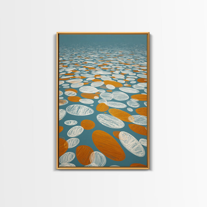Orange White Floating Pebble Wall Art, Modern Abstract Art Print, Retro Geometric Decor, Blue Coastal Perspective Poster