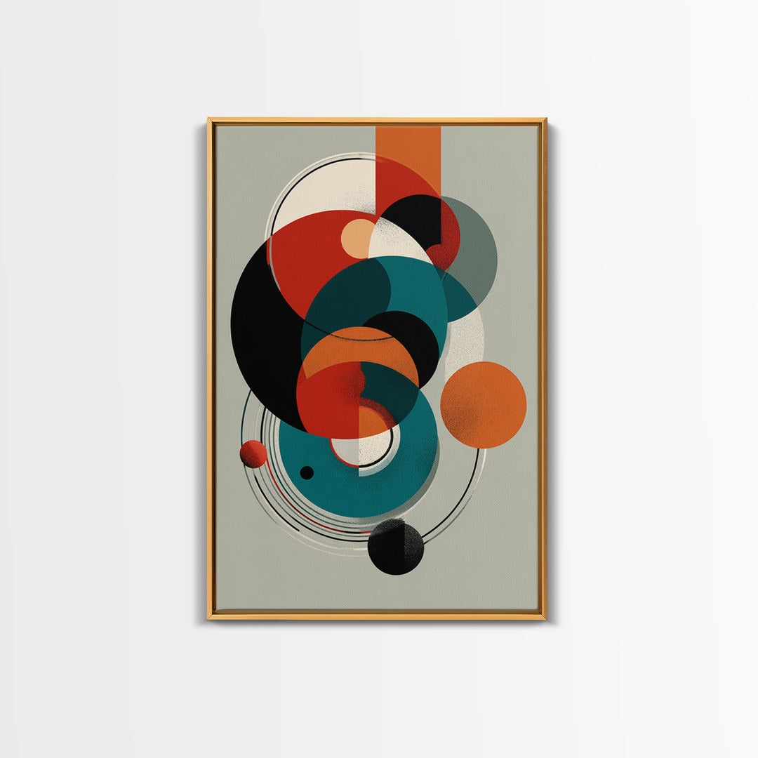 Orange Teal Geometric Circles Framed Canvas Print, Midcentury Modern Wall Art, Bauhaus Abstract Decor, Retro Home Decor Print