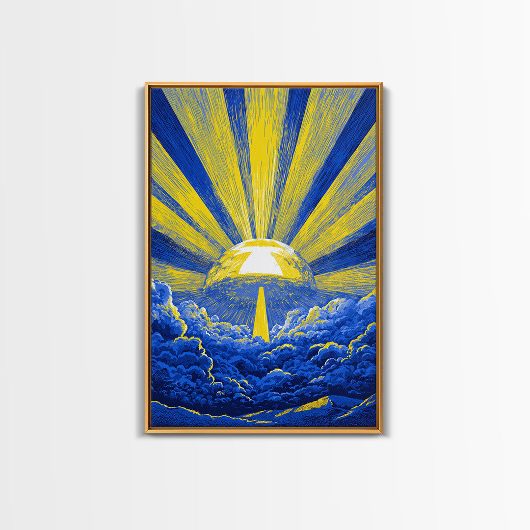 Blue Yellow Celestial Sunburst Canvas Print, Mid Century Modern Wall Decor, Abstract Sun Rays, Cosmic Retro Poster For Living Room