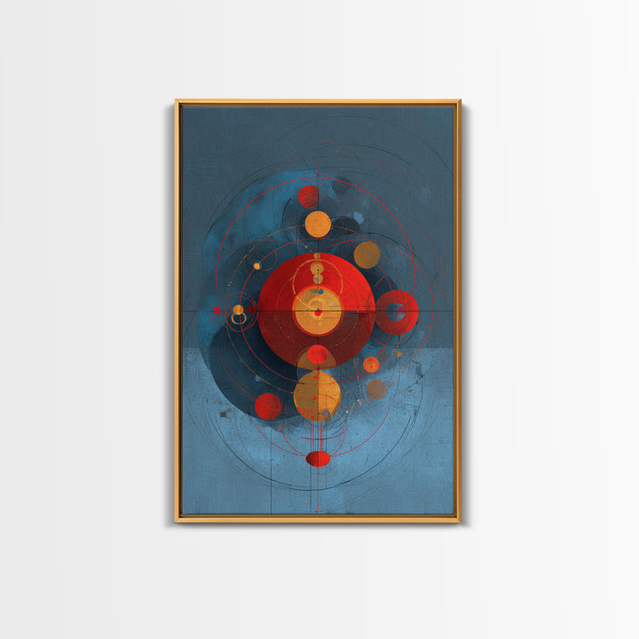 Blue Red Orbital Geometry Canvas Print, Mid Century Modern Abstract Wall Art, Atomic Circles Poster, Bauhaus Home Decor Gift