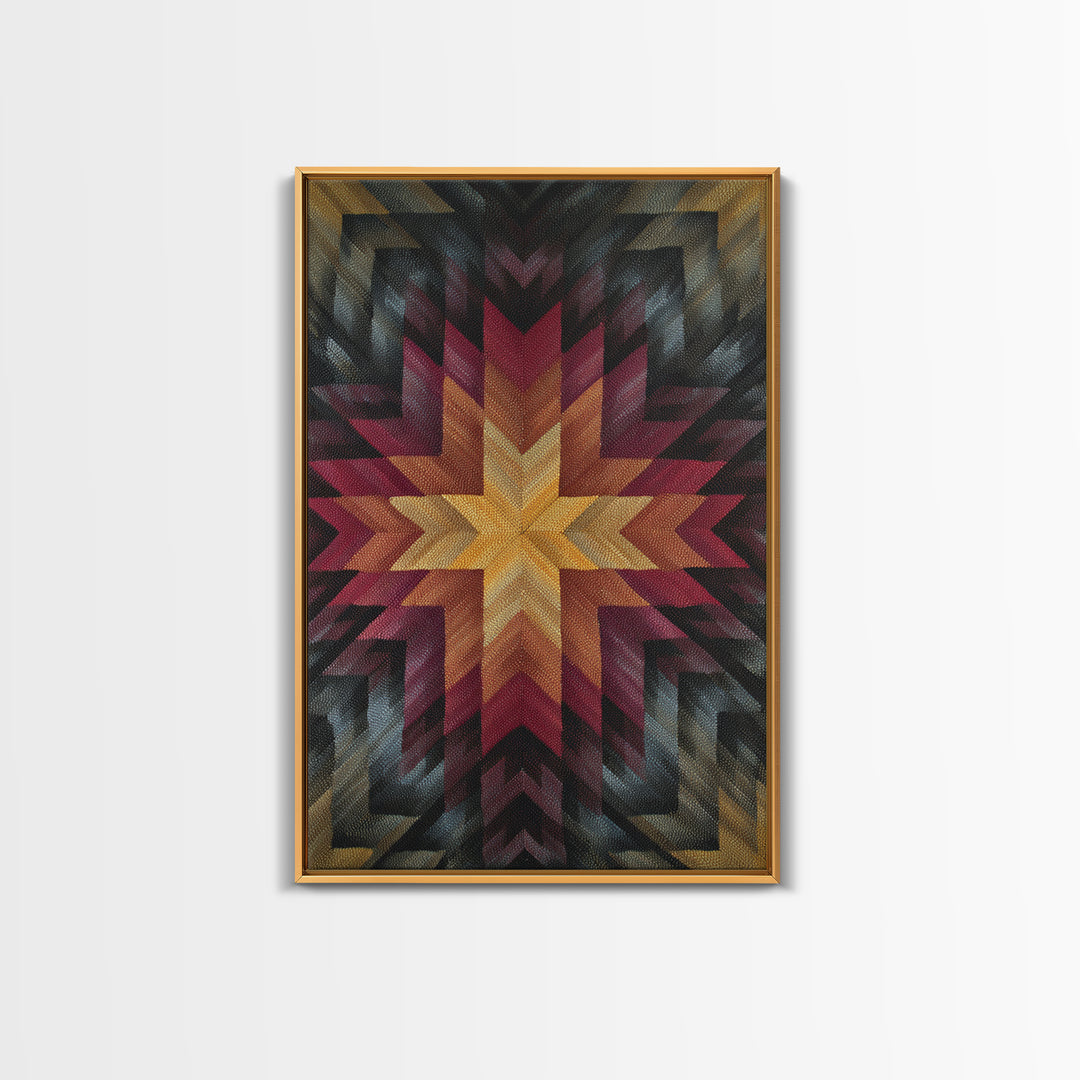 Southwestern Geometric Star Quilt Canvas Print, Midcentury Modern Wall Decor, Red Gold Black Abstract Statement Art For Living Room