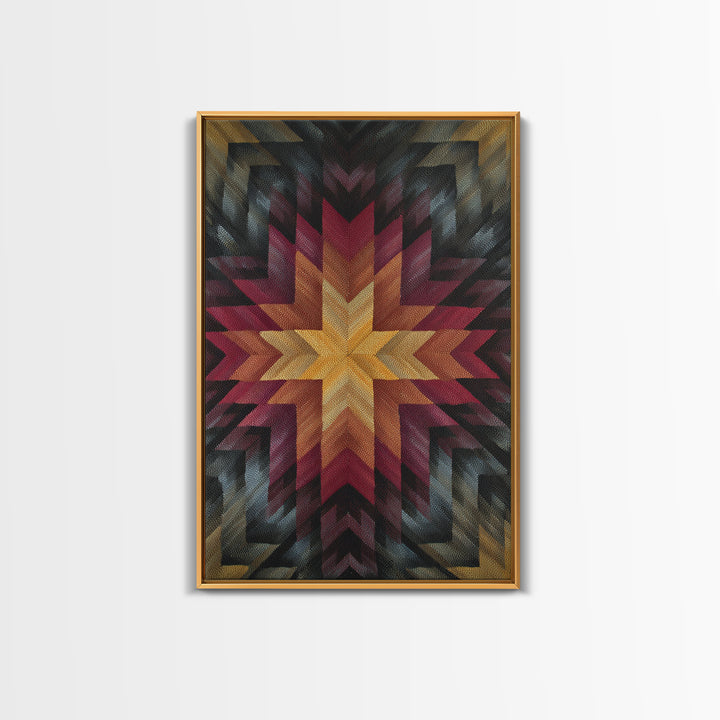 Southwestern Geometric Star Quilt Canvas Print, Midcentury Modern Wall Decor, Red Gold Black Abstract Statement Art For Living Room