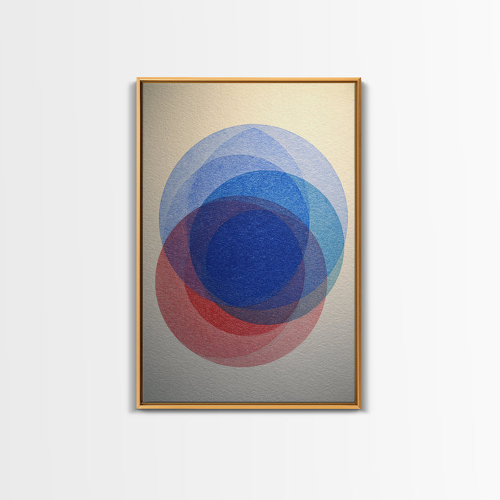 Soft Blue Red Overlapping Circles Framed Canvas Print, Minimalist Midcentury Modern Wall Art, Geometric Bedroom Decor, Blue Art Print