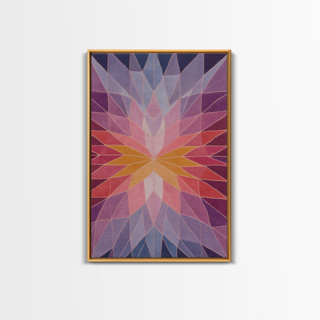 Pink Orange Faceted Star Flower Canvas Print, Midcentury Modern Abstract Art, Geometric Wall Decor For Bedroom Living Room