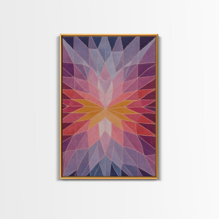 Pink Orange Faceted Star Flower Canvas Print, Midcentury Modern Abstract Art, Geometric Wall Decor For Bedroom Living Room