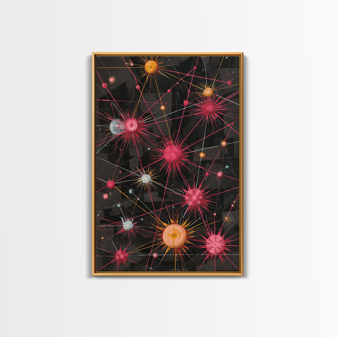 Atomic Pink Orange Network Wall Art, Midcentury Modern Abstract Print, Space Age Geometric Decor For Living Room Home Office
