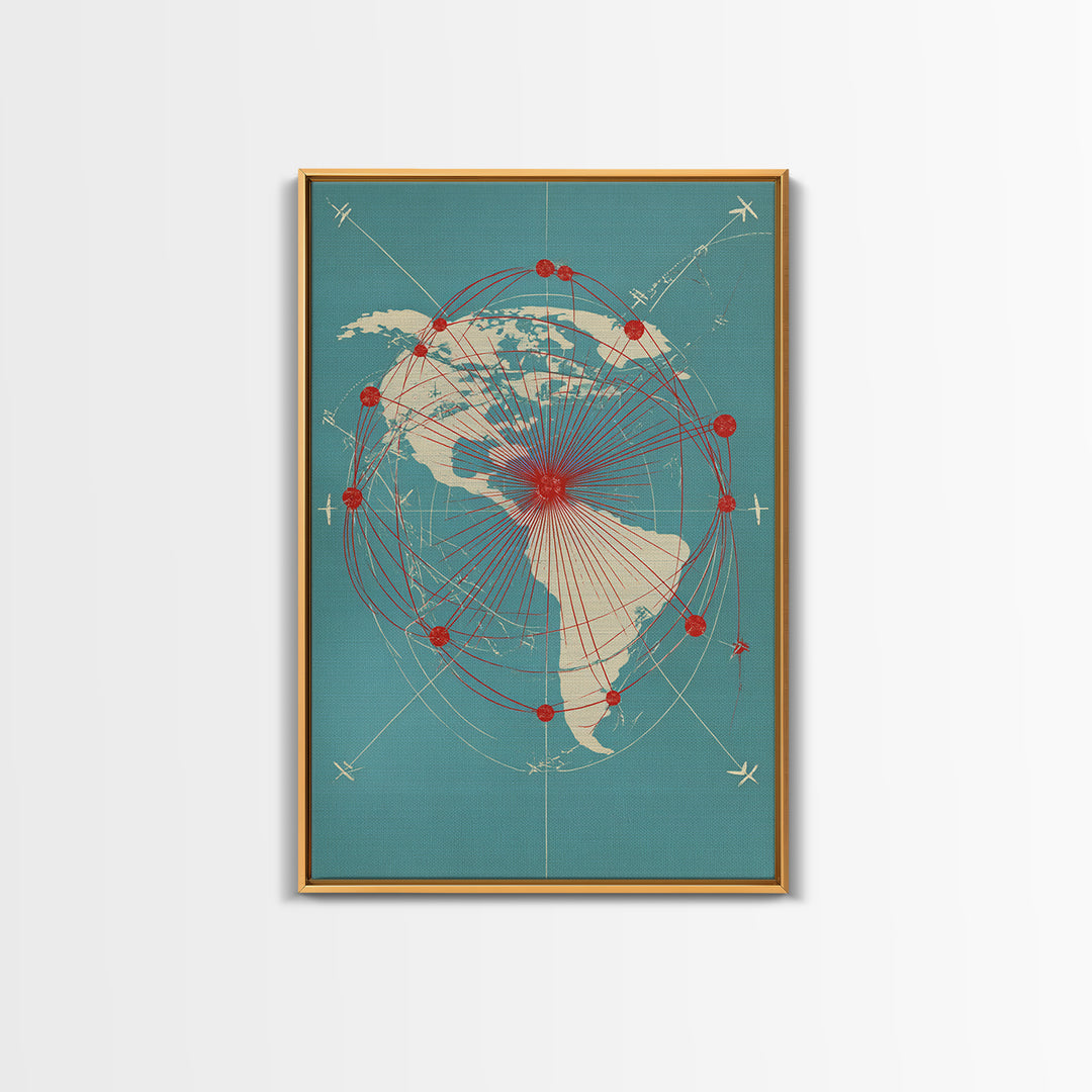 Retro Americas Flight Route Map Canvas Print, Midcentury Modern Travel Wall Decor, Teal Red Atomic Aviation Poster For Office