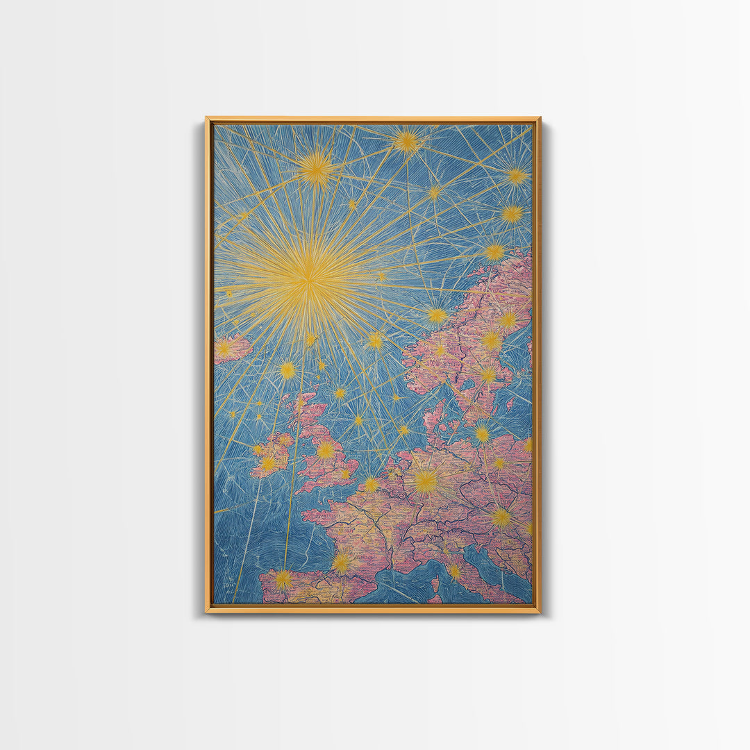 Europe Flight Route Map Canvas Print, Midcentury Modern Travel Wall Decor, Blue Pink Atomic Aviation Poster For Office Living Room