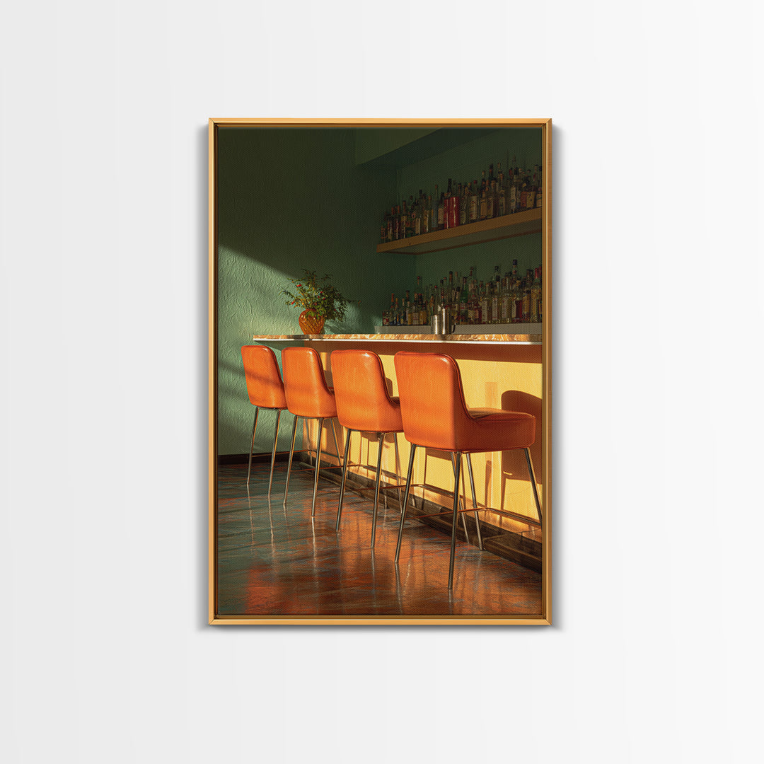 Green And Orange Sunlit Cocktail Bar With Stools Canvas Print, Midcentury Modern Wall Art, Retro Decor, Warm Lounge Poster