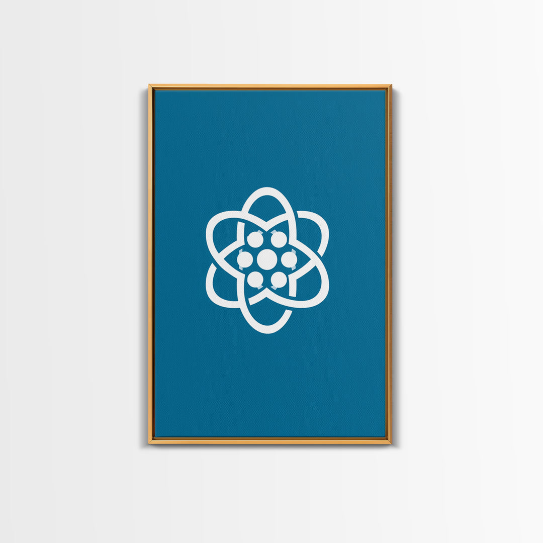Minimal White Atomic Symbol On Teal Blue Wall Art, Midcentury Modern Space Poster, Geometric Art Print, Retro Office Decor