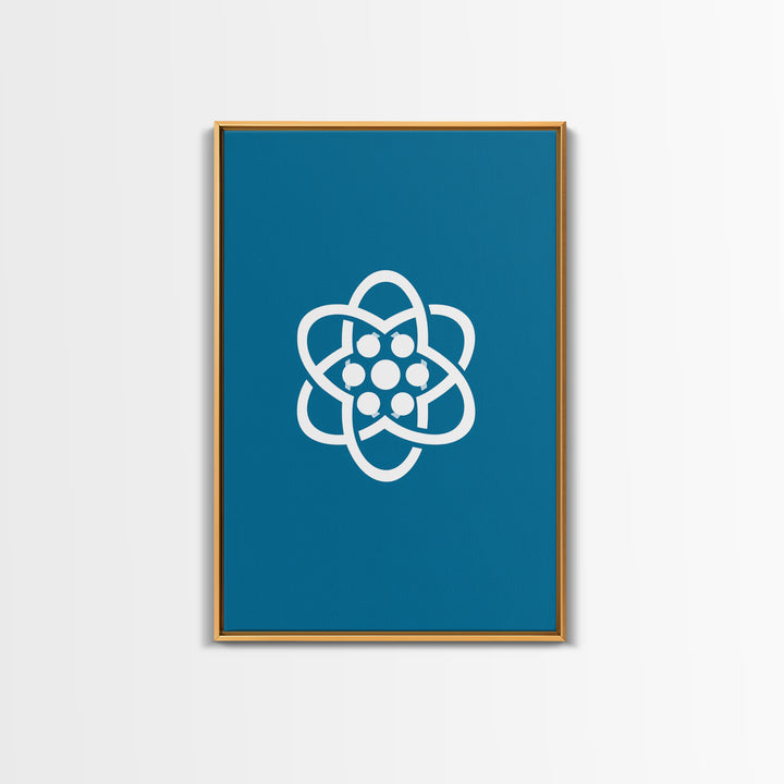 Minimal White Atomic Symbol On Teal Blue Wall Art, Midcentury Modern Space Poster, Geometric Art Print, Retro Office Decor
