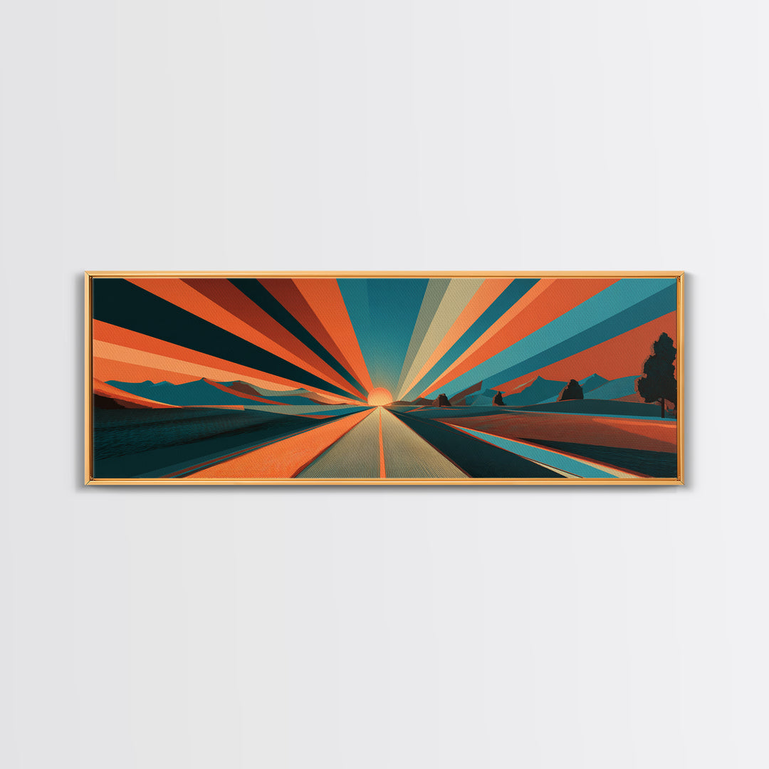 Retro Desert Road Sunburst Canvas Print, Midcentury Modern Wall Art, Orange Teal Landscape Poster, Palm Springs Decor Gift