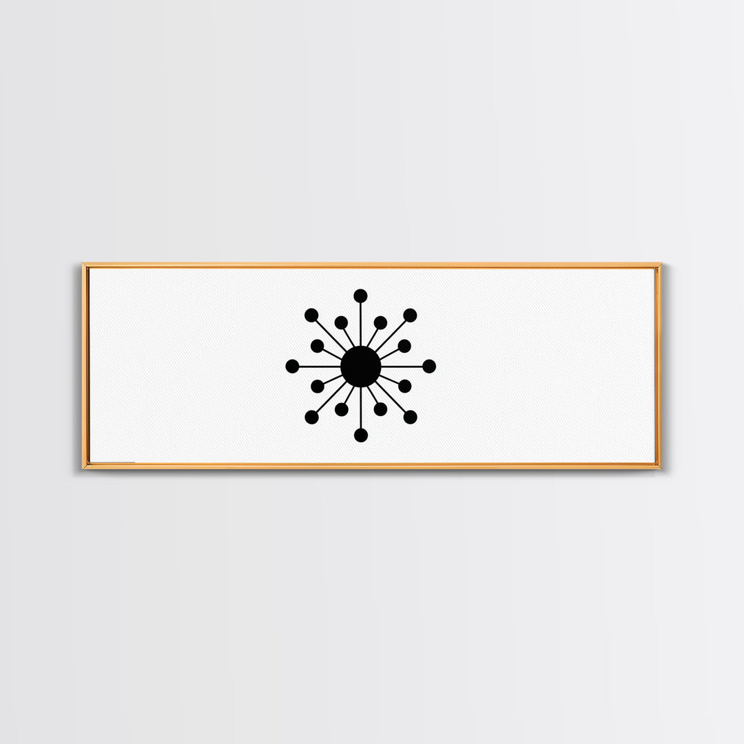 Black Atomic Orb And Dots Framed Canvas Print, Mid Century Modern Art, Retro Geometric Poster, Minimalist MCM Decor, Wall Art