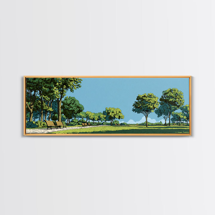 Sunny Green Park With Benches Wall Art, Mid Century Modern Landscape Print, Nature Wall Decor, Scenic Living Room Art, Office Decor