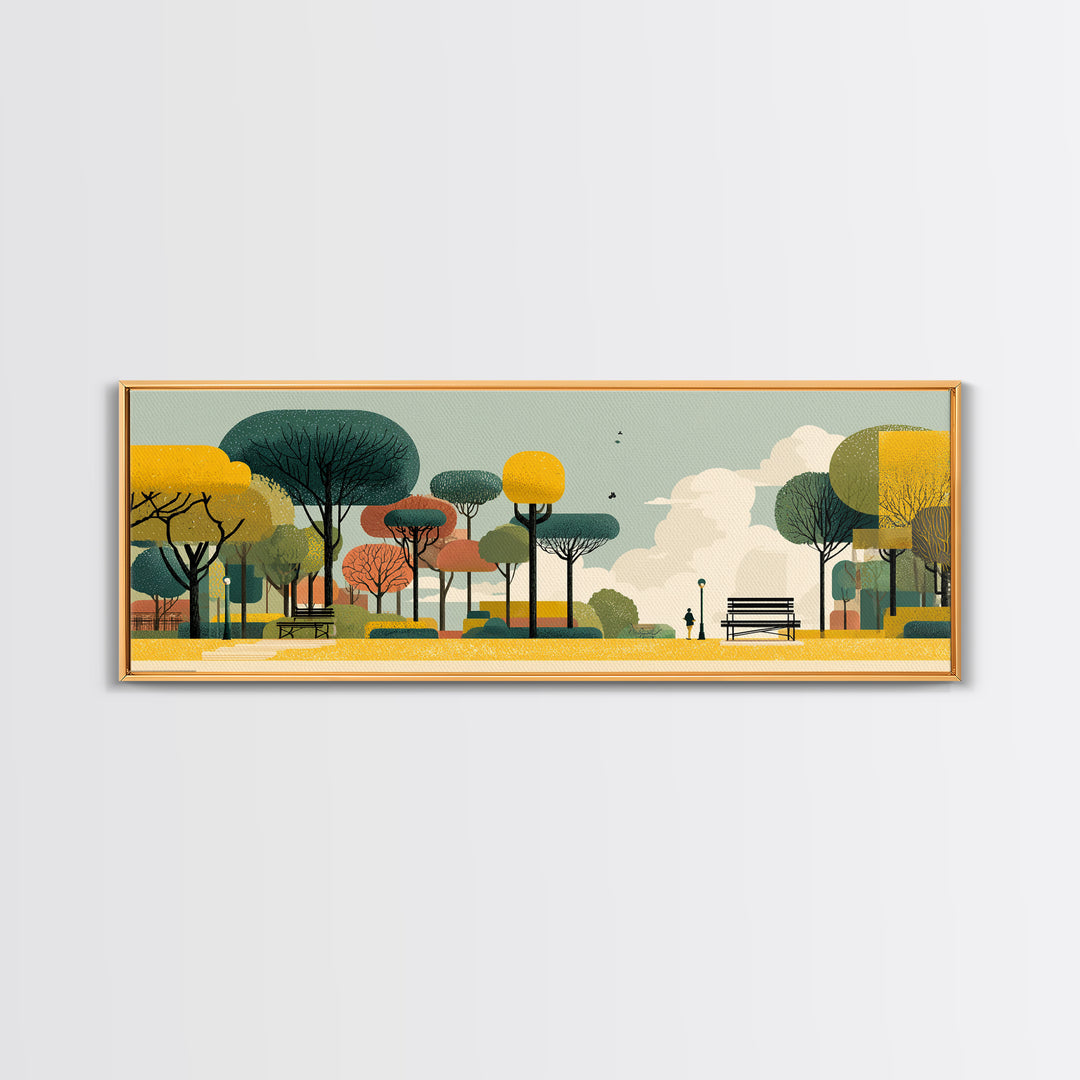 Autumn Modern Park With Benches Canvas Print, Mid Century Modern Art, Scandinavian Landscape Poster, Colorful Nature Decor