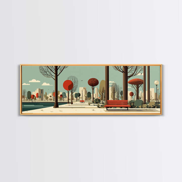 Red Bench City Park In Autumn Wall Art, Mid Century Modern Landscape Print, Retro Urban Poster, Colorful Living Room Decor