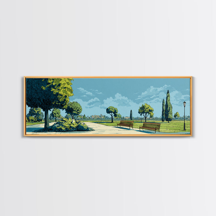 Blue Lakeside Park With Benches Wall Art, Mid Century Modern Landscape Print, Scenic Nature Poster, Home Office Wall Decor