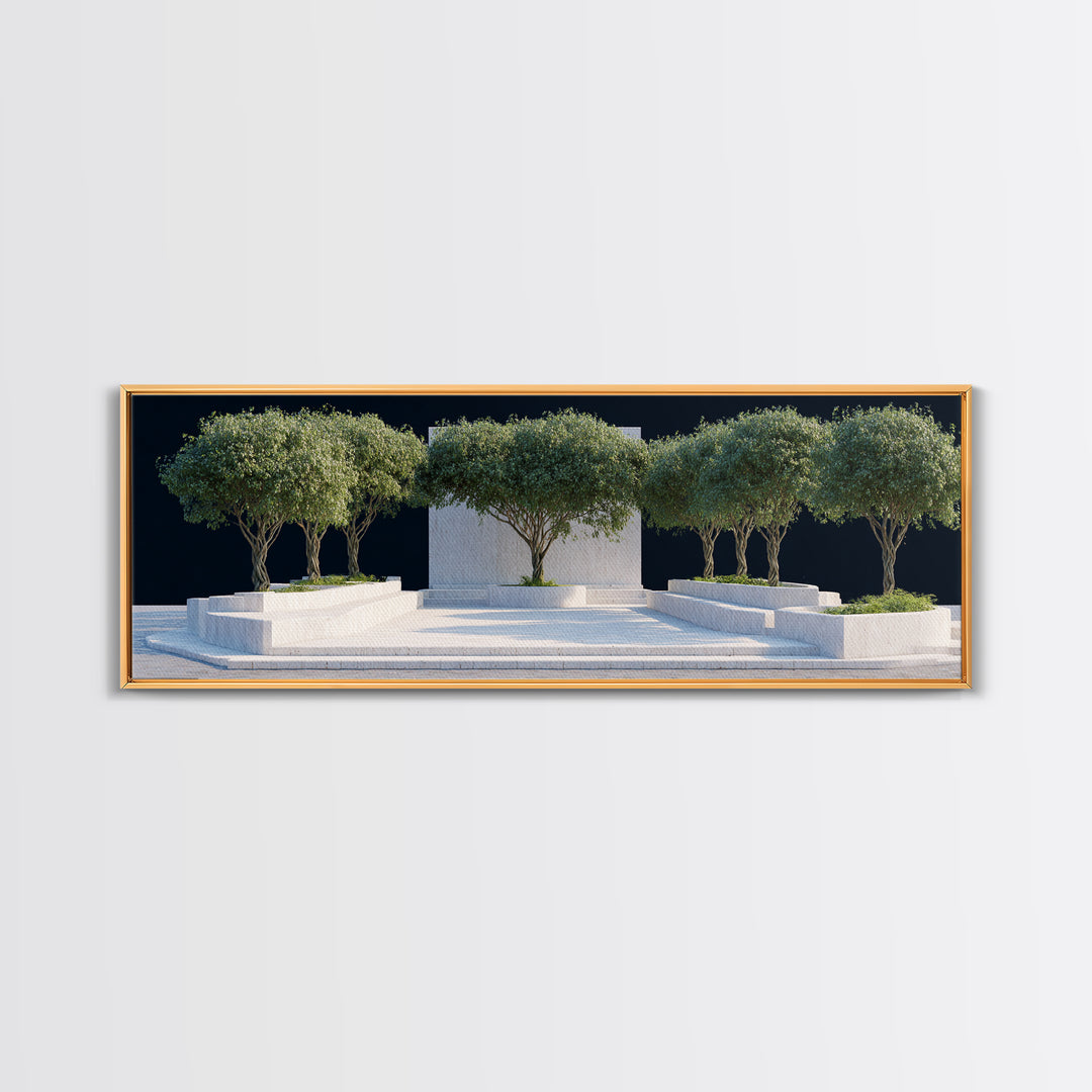 Mediterranean Olive Tree Courtyard Framed Canvas Print, Modern Wall Art, Architectural Landscape, Minimalist Home Decor Art