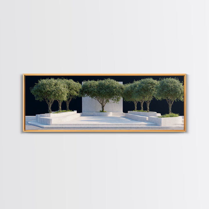 Mediterranean Olive Tree Courtyard Framed Canvas Print, Modern Wall Art, Architectural Landscape, Minimalist Home Decor Art