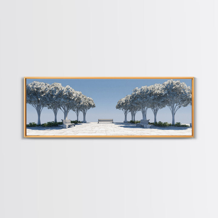 Symmetrical Winter Tree Promenade Canvas Print, Modern Wall Art, Scandinavian Landscape, Blue White Minimalist Wall Decor