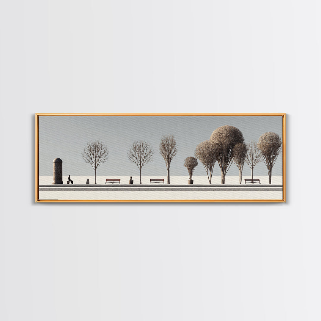 Minimal Winter Promenade With Bare Trees And Benches Wall Art, Modern Landscape Print, Scandinavian Decor, Office Art, Home Decor