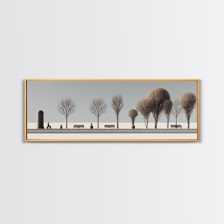 Minimal Winter Promenade With Bare Trees And Benches Wall Art, Modern Landscape Print, Scandinavian Decor, Office Art, Home Decor