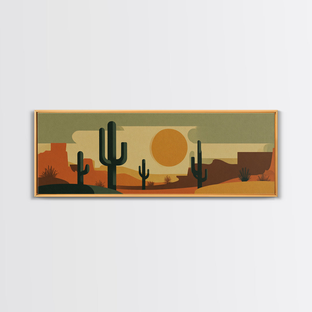 Retro Desert Cactus Scene With Orange Sun And Mesas Canvas Print, Mid Century Modern Wall Art, Southwest Decor Poster Print