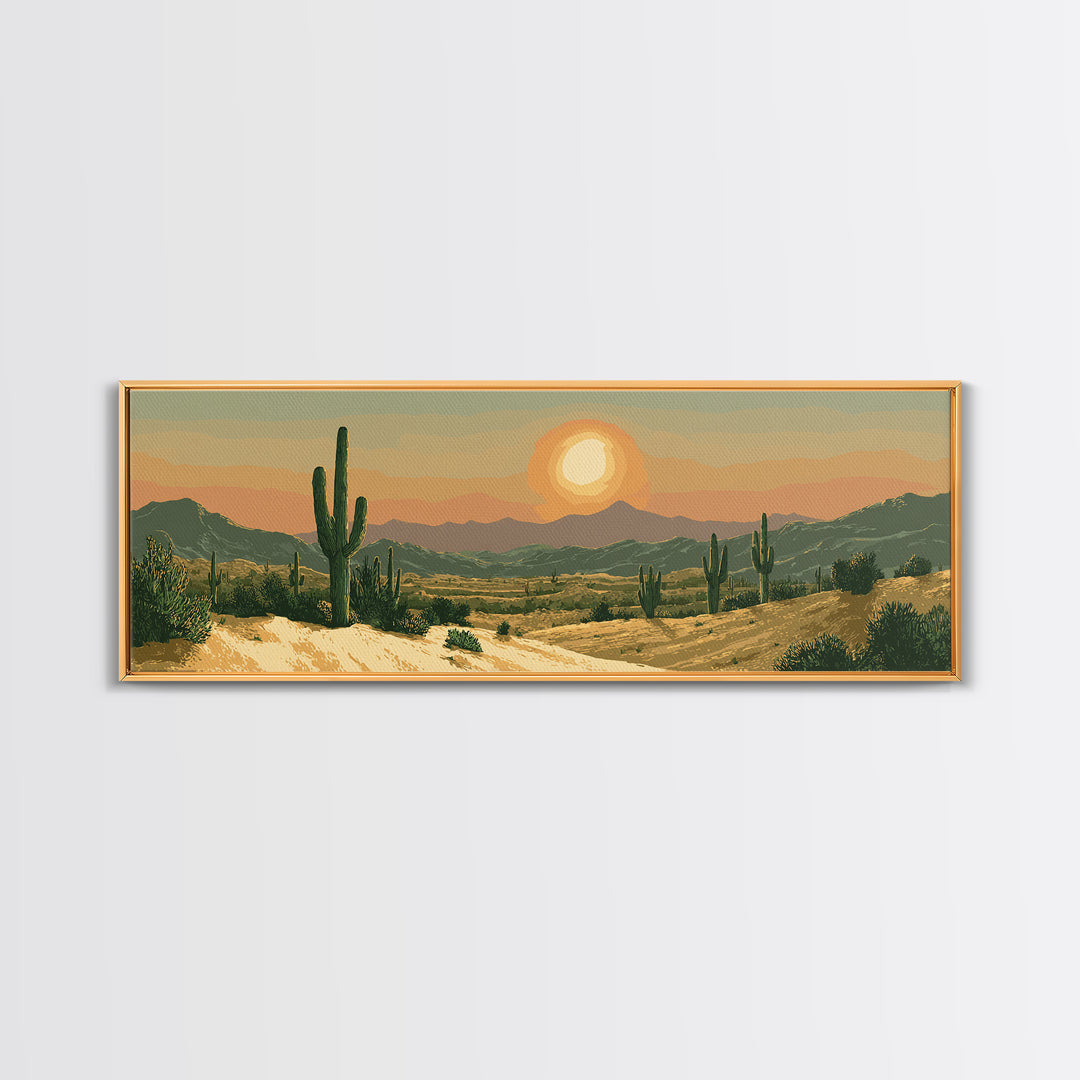 Golden Desert Valley Sunset With Saguaros And Mountains Wall Art, Southwest Landscape Print, Midcentury Modern Home Decor