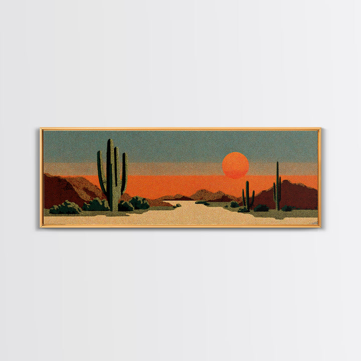 Textured Saguaro Desert With Orange Sun And Rust Mountains Canvas Print, Retro Wall Art, Midcentury Modern Southwest Decor