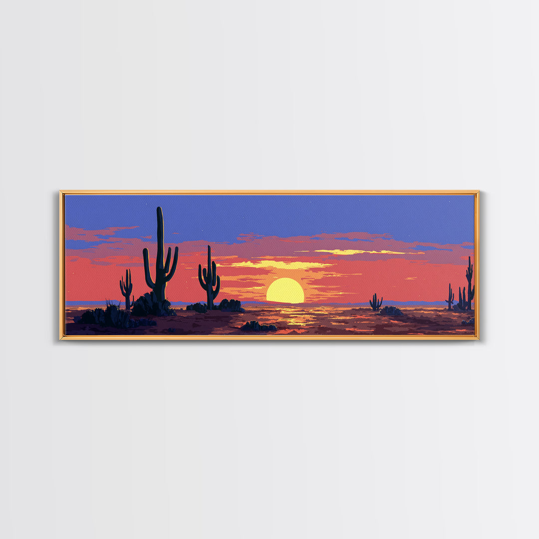 Purple Desert Sunset With Tall Saguaro Cacti And Low Sun Framed Canvas Print, Retro Wall Art, Colorful Southwest Home Decor