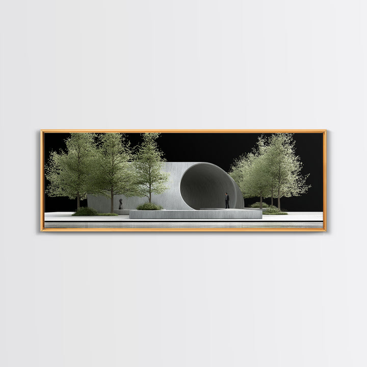 Concrete Circular Pavilion With Silver Trees And Black Sky Framed Canvas Print, Modern Architecture Wall Art, Office Decor