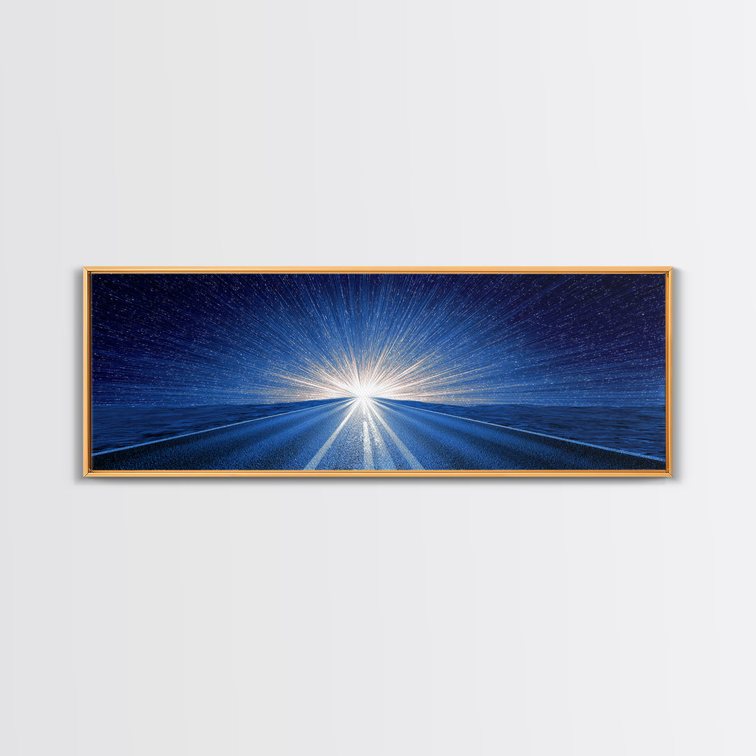 Starry Blue Highway Horizon Framed Canvas Print, Cosmic Retro Wall Art, Modern Digital Art, Space Abstract Decor For Living Room