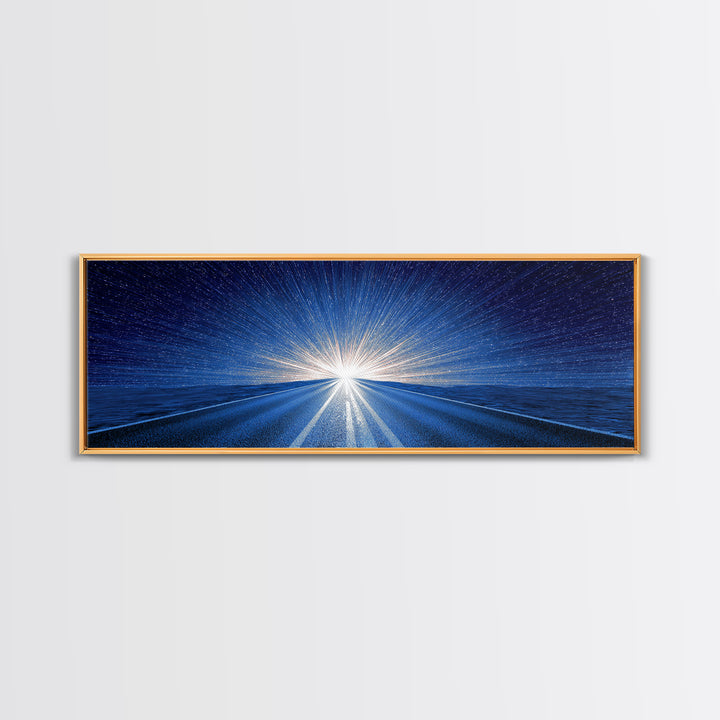 Starry Blue Highway Horizon Framed Canvas Print, Cosmic Retro Wall Art, Modern Digital Art, Space Abstract Decor For Living Room