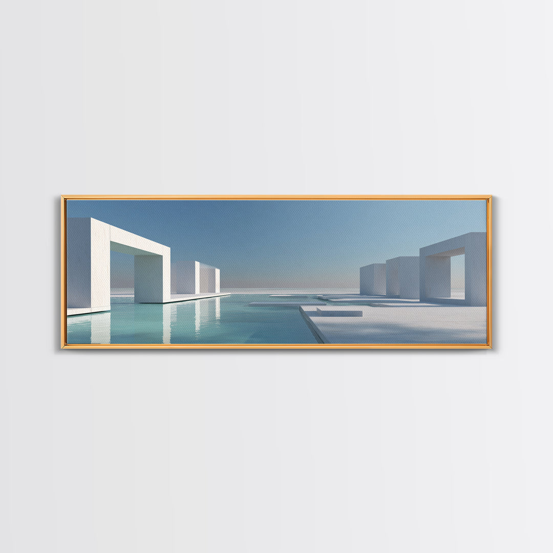 Minimal White Geometric Seaside Architecture With Blue Pool Wall Art, Modern Coastal Print, Luxury Home Decor, Office Art