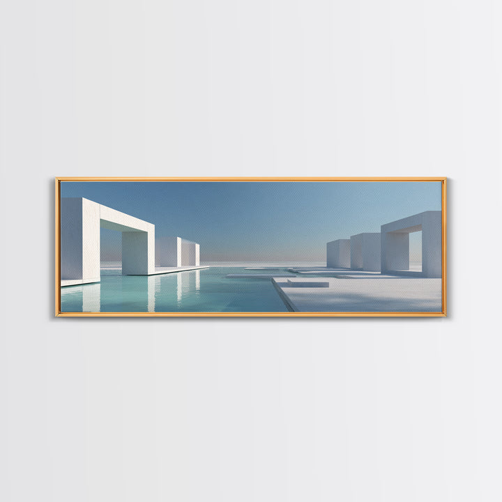 Minimal White Geometric Seaside Architecture With Blue Pool Wall Art, Modern Coastal Print, Luxury Home Decor, Office Art