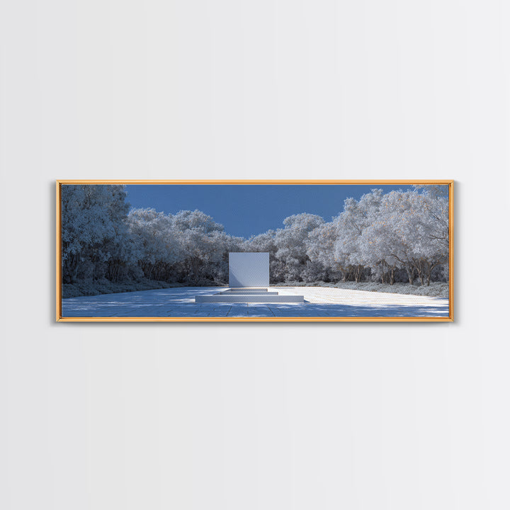 Snowy Minimal Monument Wall Art, Winter Forest Landscape Canvas, Blue White Modern Home Decor, Serene Scandinavian Print